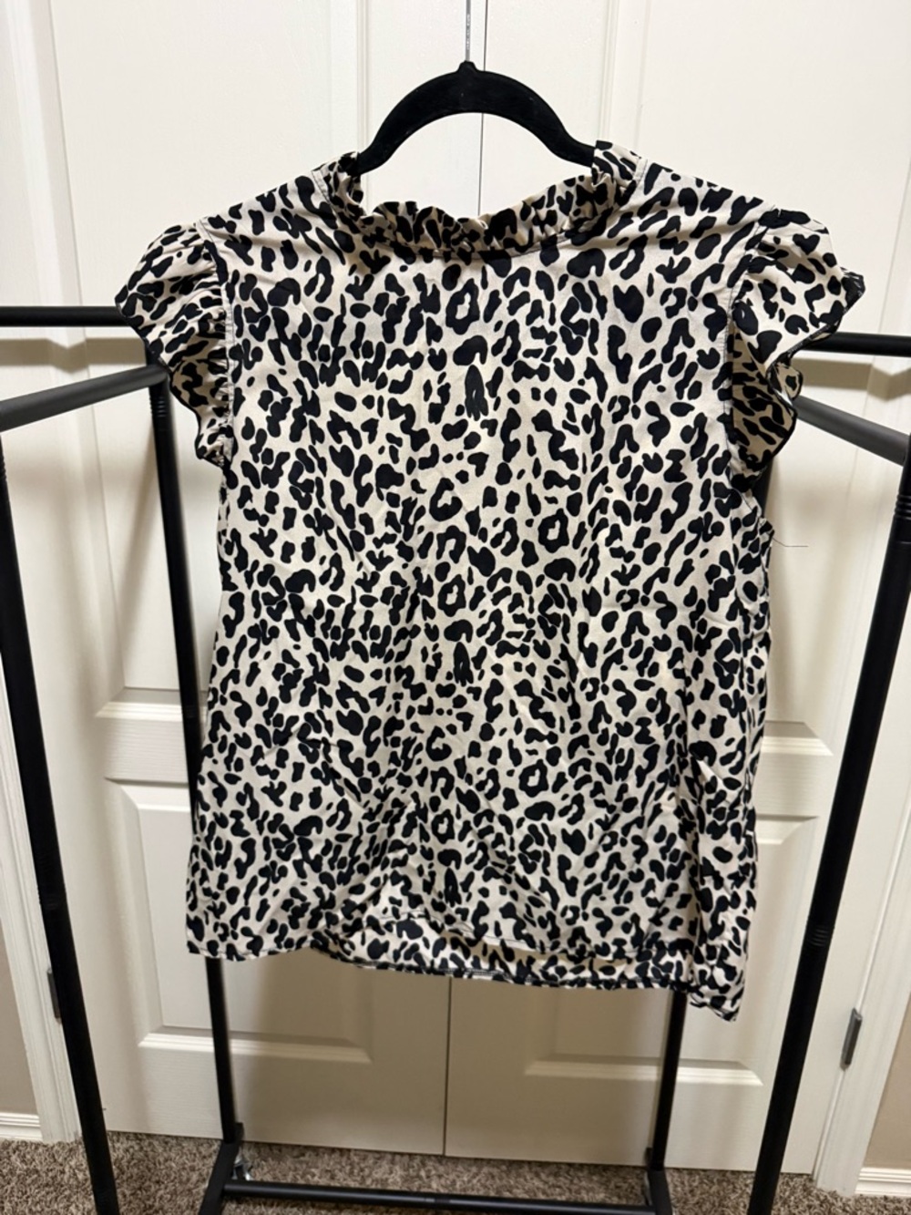 Leopard Print Ruffle Sleeve Blouse - Black on Cream